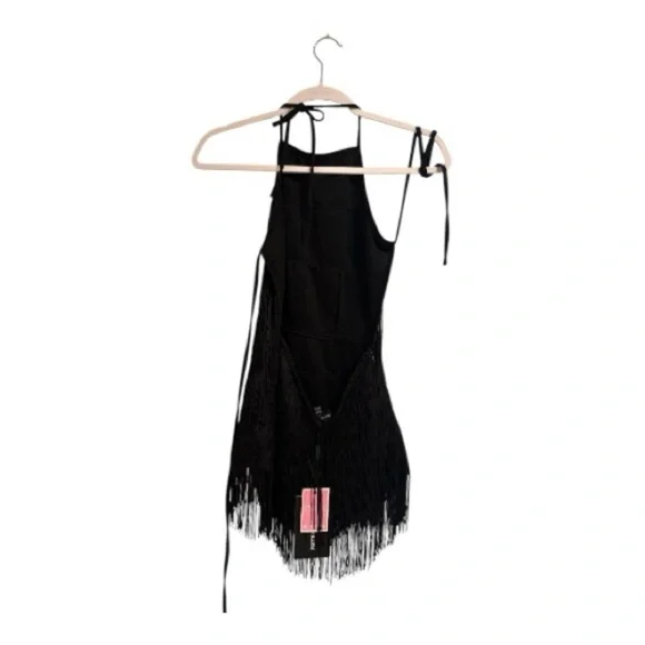 PrettyLittleThing Black Halter Fringe Bodysuit - Picture 2 of 4
